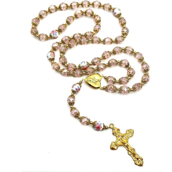 Catholic Pink Crystal Beads Gold Rosary Necklace with Heart Locket & Cross - Picture 6 of 7